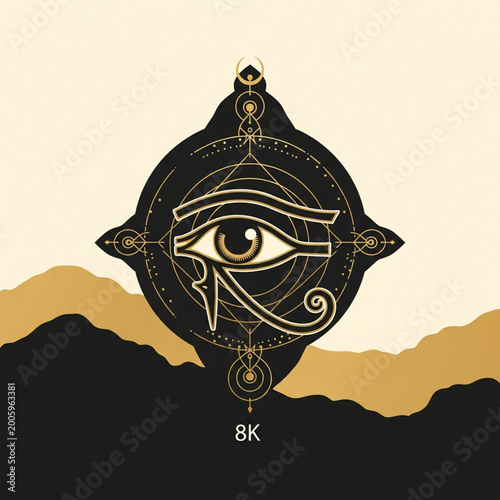 Ancient Egyptian Eye of Horus symbol of protection and royal power, mystic geometric patterns, and desert landscape background