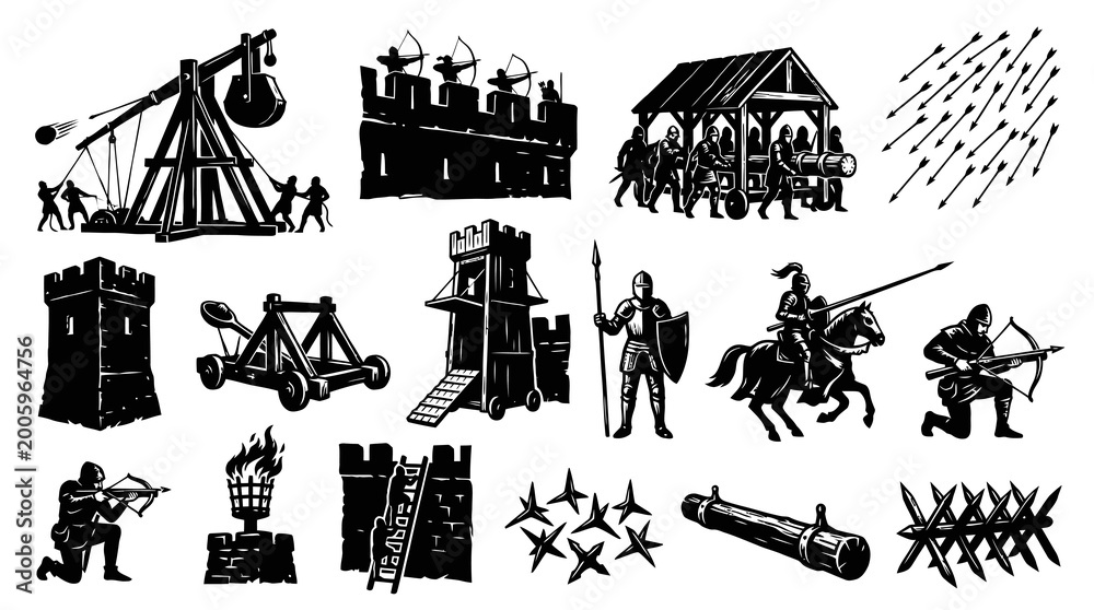 Fototapeta premium Medieval Siege Weapons and Warfare Black and White Vector Art