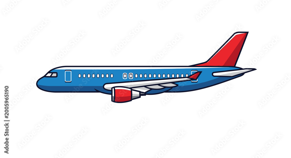 Fototapeta premium Stylized illustration of a blue and red commercial airplane in flight isolated on white background