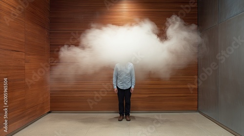A person stands in front of a wooden wall with a cloud of smoke obscuring their head