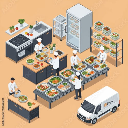 Isometric illustration of a commercial kitchen with food preparation and delivery.