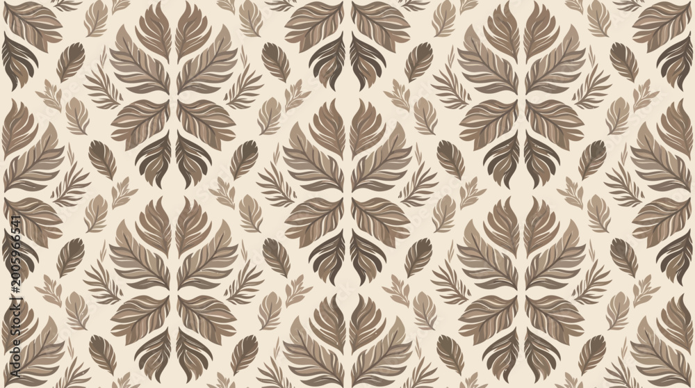 Fototapeta premium Elegant brown and beige leaf damask pattern for wallpaper and textiles.