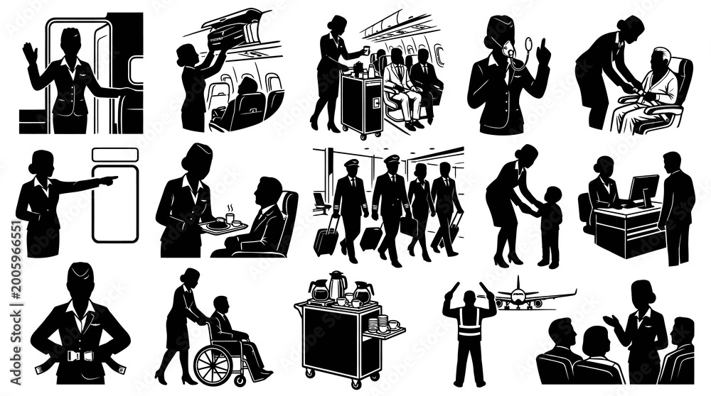 Obraz premium Airline Crew and Flight Attendant Duties Icons - Black White Silhouette Vector Set