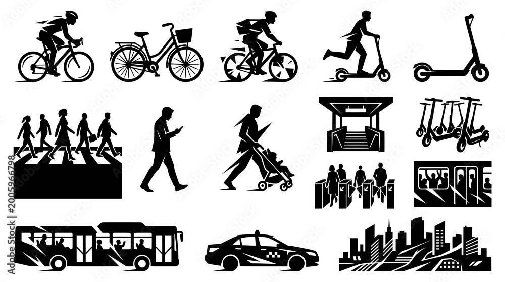 Fototapeta premium Diverse Urban Transportation Icons: People, Bikes, Scooters, Bus, Taxi, Train, Cityscape