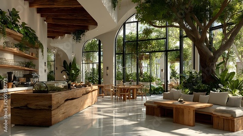 Modern Tropical Cafe Interior with Lush Greenery and Wooden Furniture.