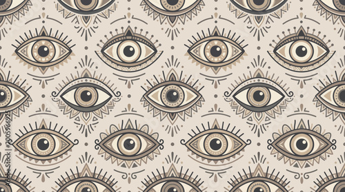 Intricate repeating eye motif pattern with vintage handdrawn style.