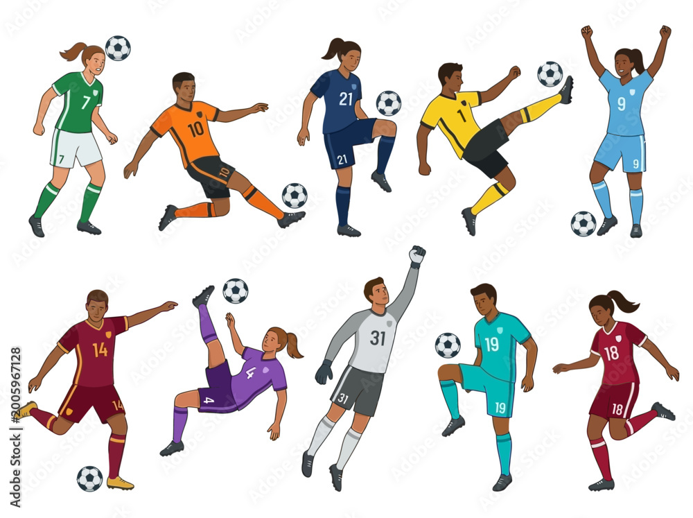 Fototapeta premium Dynamic Illustration of Soccer Players Performing Various Actions on the Field