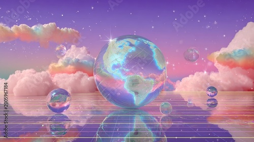 Surreal Earth Globe Floating Above Water with Dreamy Clouds.