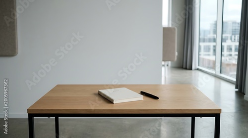 Empty Modern Office Desk with Notebook and Pen Near Large Window