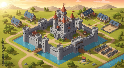 Isometric cartoon illustration of a medieval stone castle fortress surrounded by a moat and village at sunset.