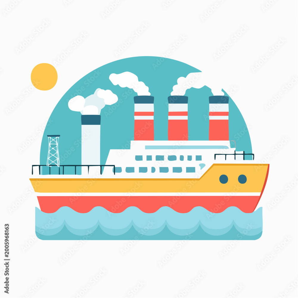 Naklejka premium Stylized Illustration of a Cruise Ship with Smoke Stacks