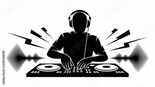DJ, music, silhouette, vector, black, sound waves, audio equipment, disc jockey