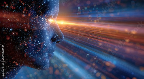 Abstract Human Head Silhouette with Cosmic Energy Rays.