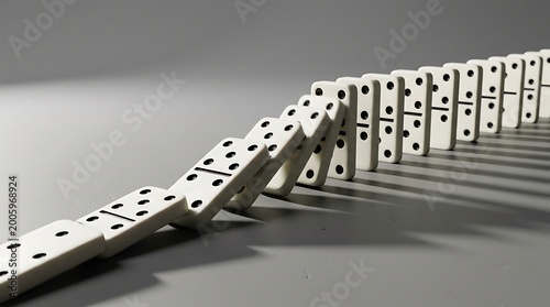 Dominoes Falling in a Line on Gray Surface with Dramatic Lighting