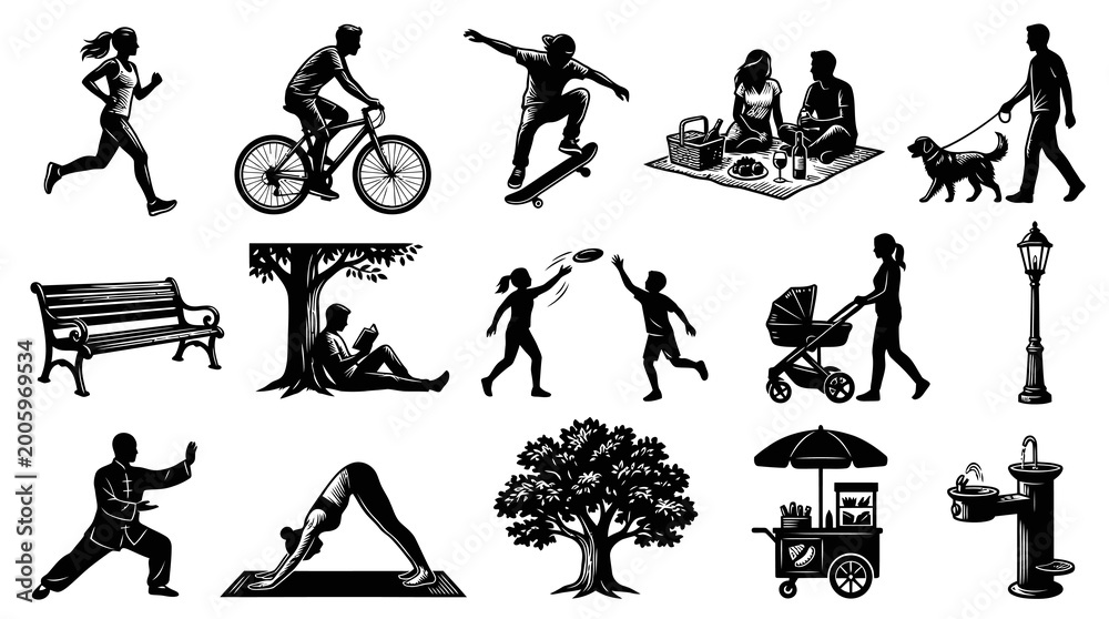 Obraz premium Black White Line Art of People Exercising, Relaxing, and Enjoying Outdoor Activities