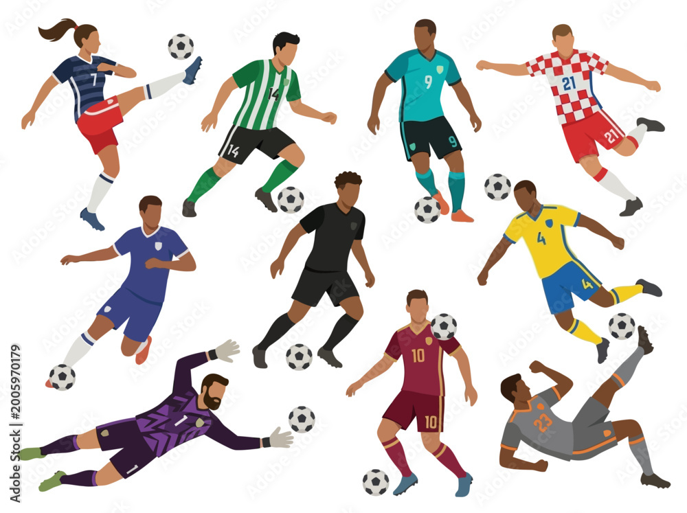 Fototapeta premium Dynamic Illustration of Soccer Players Performing Various Actions on the Field