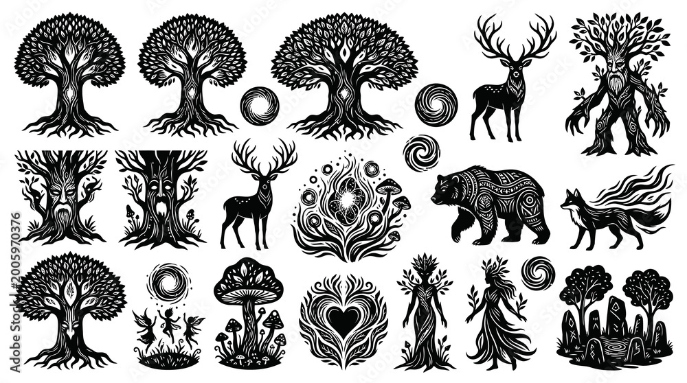Obraz premium Mystical Woodland Pagan Symbols Vector Collection - Black White Line Art