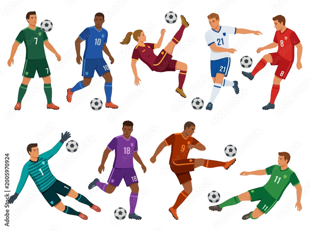 Fototapeta premium Dynamic Illustration of Soccer Players Performing Various Actions on the Field
