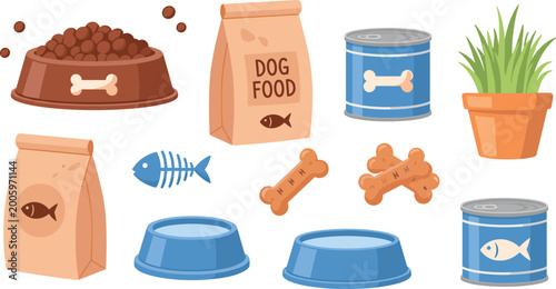 Photography Dog Food and Accessories Set with Bowls, Cans, and Treats for Pet Care, Animal,
