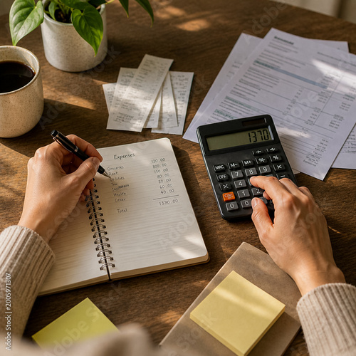 Top view of hands writing expenses in notebook next to calculator and bills on wooden desk, natural light, concept of budgeting, financial control and personal finance.