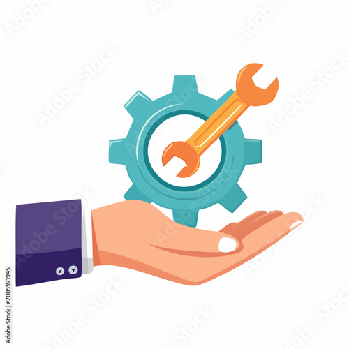 Hand holding gear and wrench, symbolizing service and industry