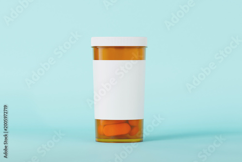 Bild auf Leinwand rx prescription drug bottle with blank white label, Plastic medical bottle amber