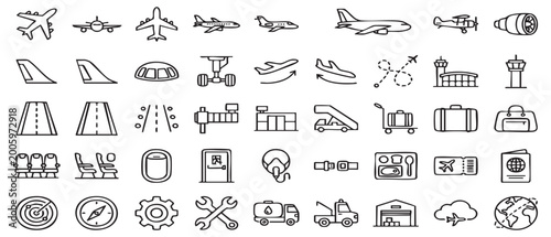 Collection of airplane and airport related line art icons for travel and transportation themes on white background.