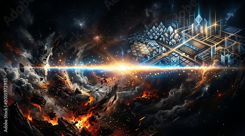 Futuristic Digital Cityscape with Bright Light Beam and Firestorm in Space Setting