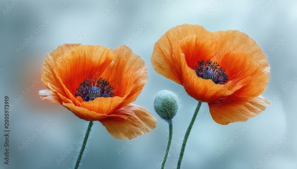 Fototapeta premium Two Vibrant Orange Poppies Bloom Beside a Budding Flower.