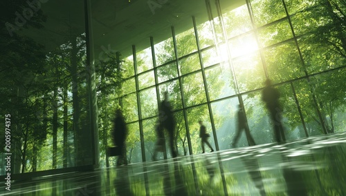 Modern interior with blurred figures walking amidst lush greenery and sunlight