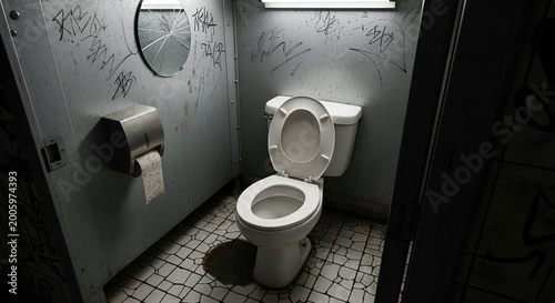 Grungy Public Restroom with Graffiti-Covered Walls and Open Toilet Seat, Reflecting Urban Neglect and Unsanitary Conditions in a Dimly Lit Environment
