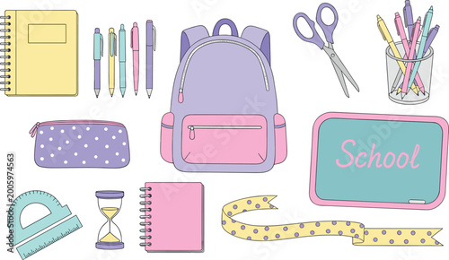 Photos Cute School Supplies Set with Backpack, Notebooks, Pens, Scissors, and Chalkboar