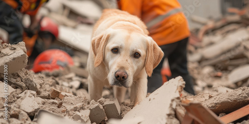  search and rescue dog navigates rubble during a disaster recovery operation with rescue workers in the background.