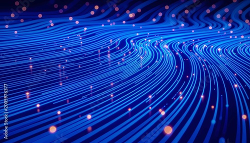 Luminous fiber optic lines represent fast internet data flow and bandwidth