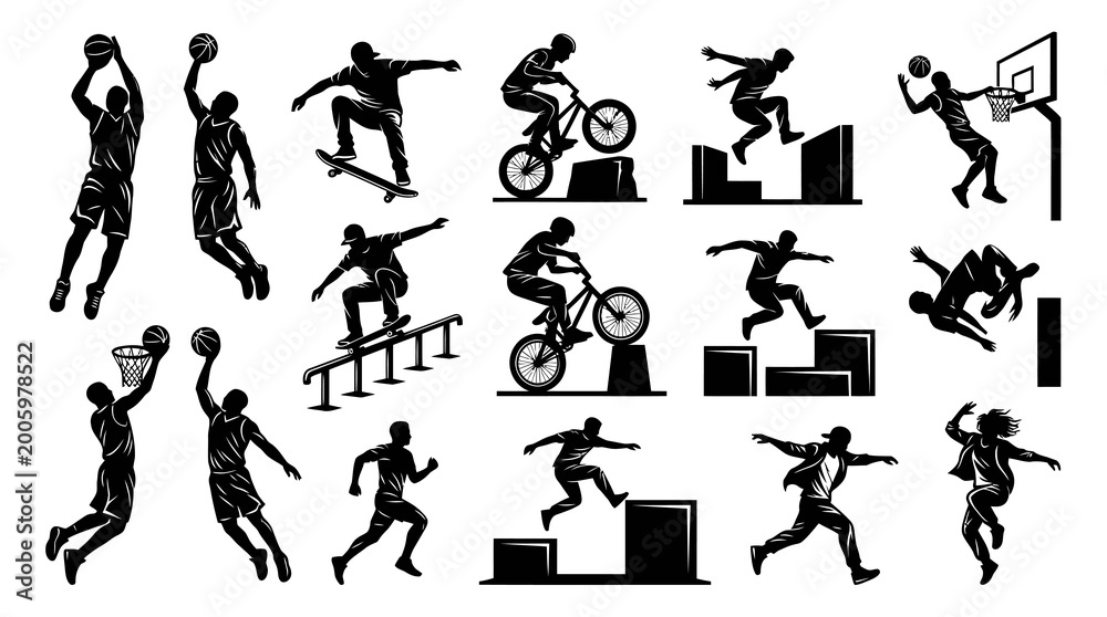 Fototapeta premium Dynamic Sports and Extreme Parkour Athletes Black White Silhouettes Set