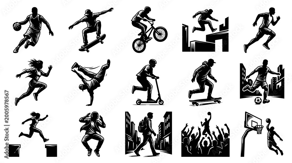 Fototapeta premium Dynamic Sports Urban Lifestyle Black White Graphic Illustration Vector Set