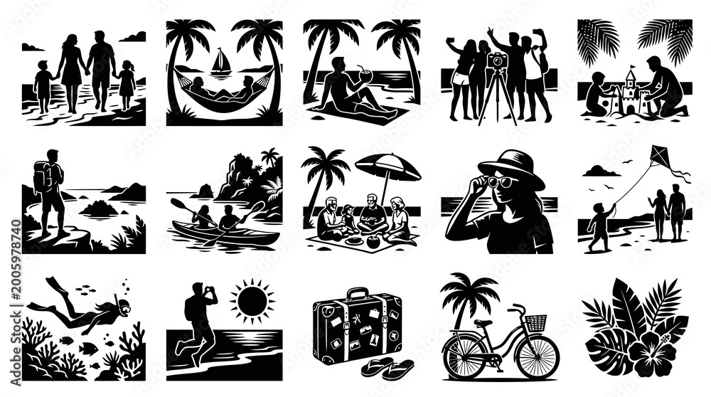 Obraz premium Black and White Summer Vacation Icon Set, Beach, Travel, Recreation