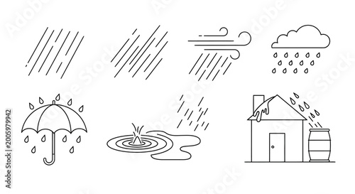 Tableau sur toile Rainy weather icons and symbols set.