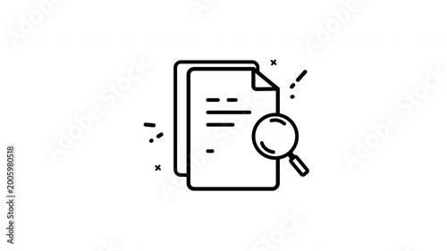 Simple and clean minimal line icon animation of paper file search concept. Shows document stack with magnifier, ideal for office, archive, and research visuals.