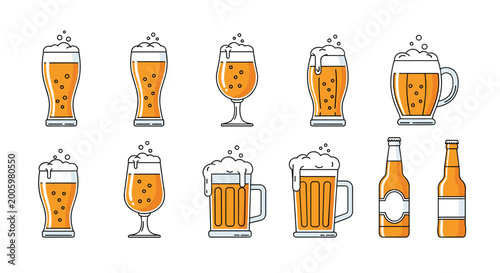 Comprehensive set of beer icons featuring various glasses mugs and bottles with white foam representing bar restaurant and craft beer culture.