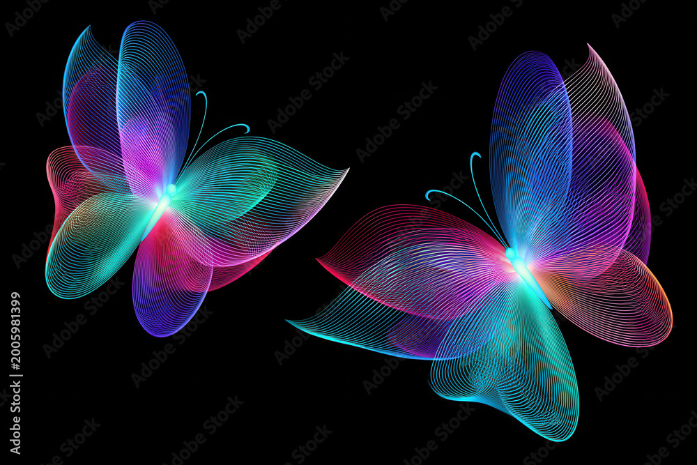 Fototapeta premium Abstract butterfly neon butterfly glowing butterfly colorful butterfly digital art light trail black background fantasy modern vibrant color Abstract butterfly neon butterfly glowing butterfly