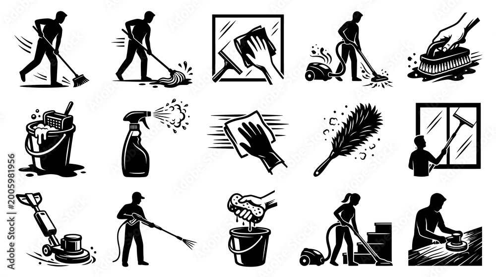 Fototapeta premium Cleaning Service Icons Set. Black and White Glyph Vector Silhouettes of People and Tools