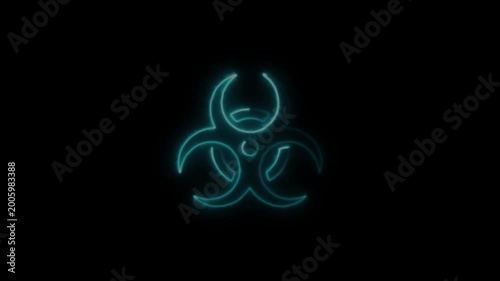 Animated glowing biohazard symbol in neon blue on black background. dynamic hazard warning sign