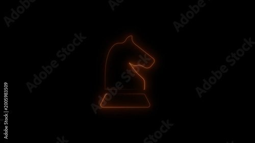 Neon glowing knight chess piece animation on black background, strategic gaming concept