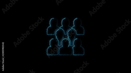 Futuristic neon blue crowd animation loop, connected silhouettes in cyberspace neon crowd animation
