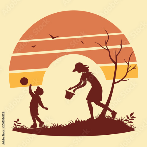 Canvastavla Mother and child with bucket and ball near tree.