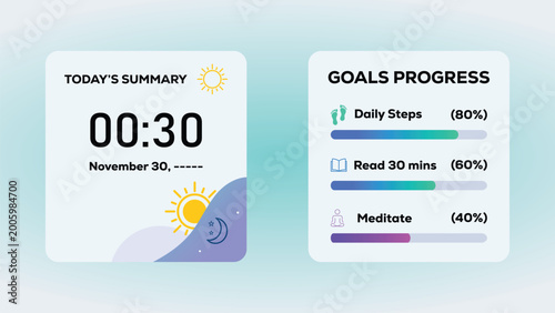 Daily Goals Progress And Today's Summary Dashboard With Timer, Habit Tracker And Wellness Indicators