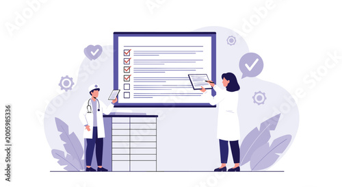 Medical professionals reviewing a healthcare checklist and documentation in a modern flat illustration style.