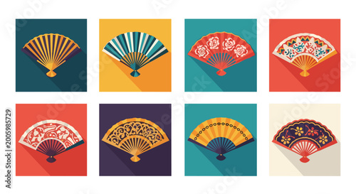 Traditional folding hand fan collection showing various cultural patterns and colorful designs in a flat layout.