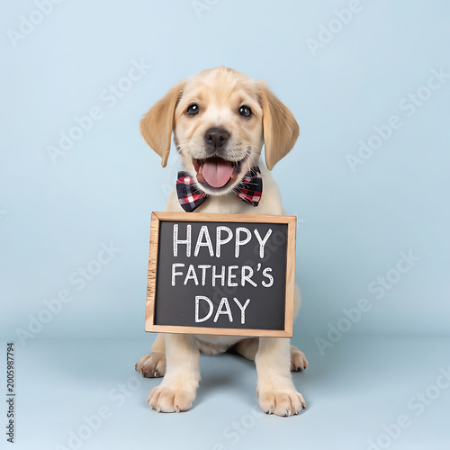 Happy dog holding father's day chalkboard